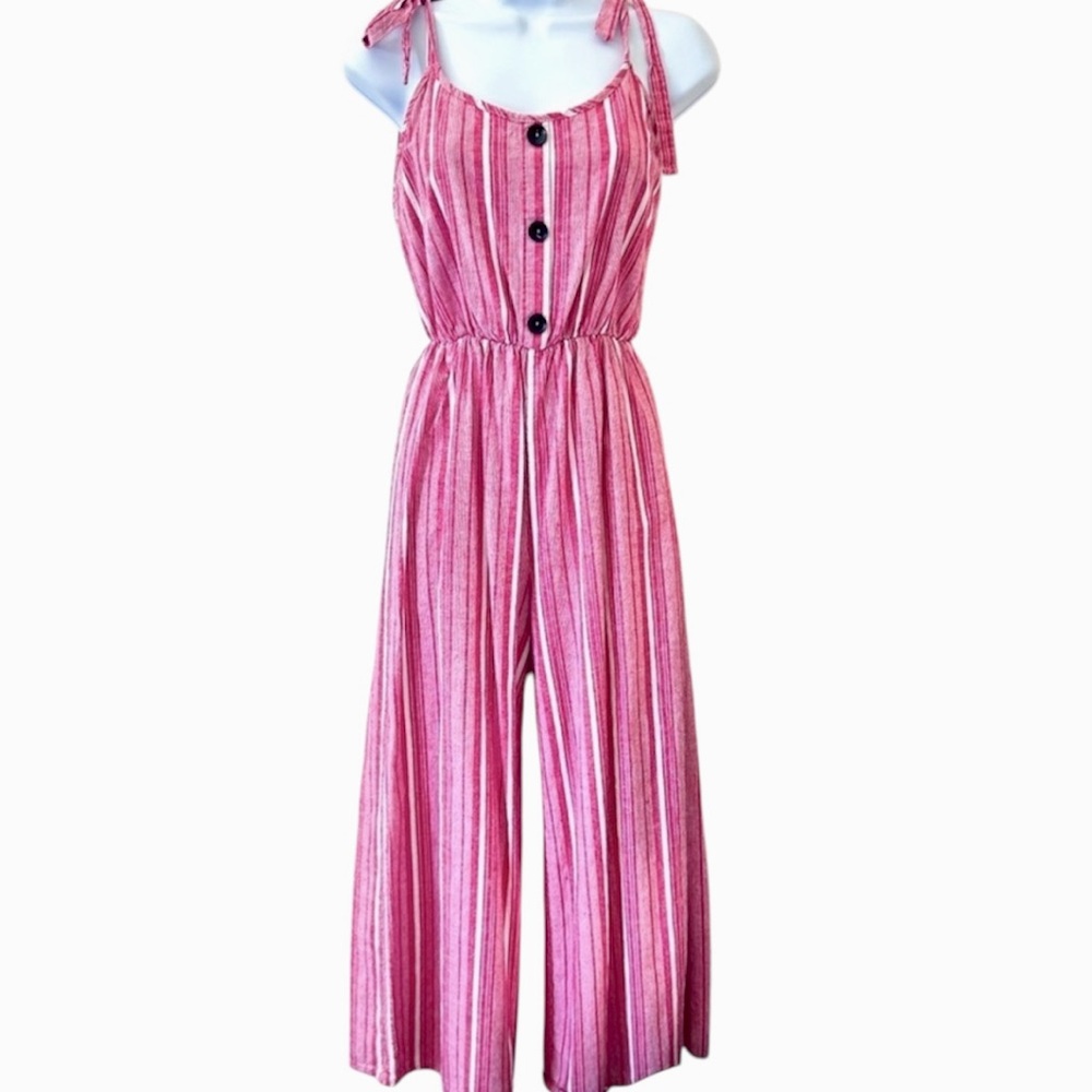 FINAL SALE!! Railroad Stripe Tie Strap Smocked Bodice Wide Leg Jumpsuit Size S